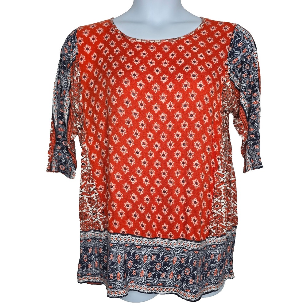 Lucky Brand Women 2X Red Peasant Top Shirt Blouse Boho Lightweight 3/4 Sleeves